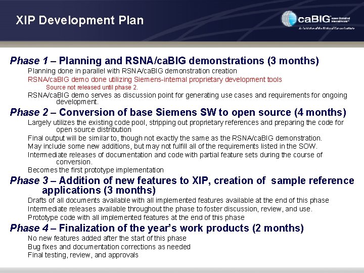 XIP Development Plan Phase 1 – Planning and RSNA/ca. BIG demonstrations (3 months) Planning