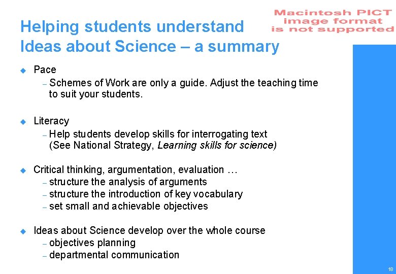 Helping students understand Ideas about Science – a summary u Pace – Schemes of