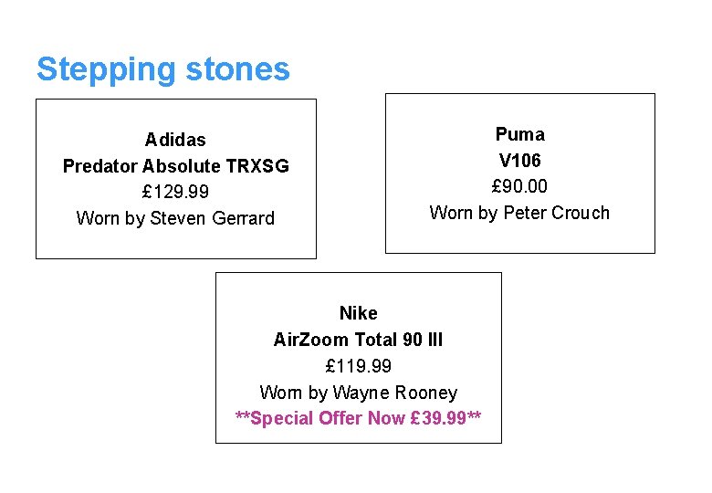 Stepping stones Adidas Predator Absolute TRXSG £ 129. 99 Worn by Steven Gerrard Puma