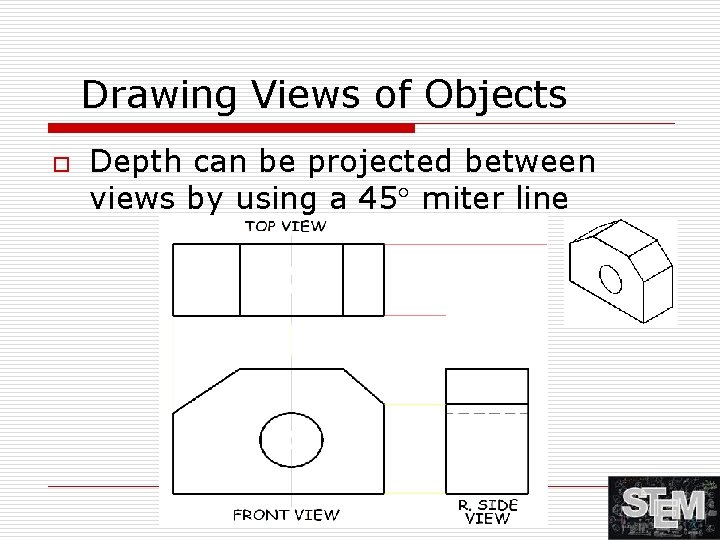 Drawing Views of Objects o Depth can be projected between views by using a