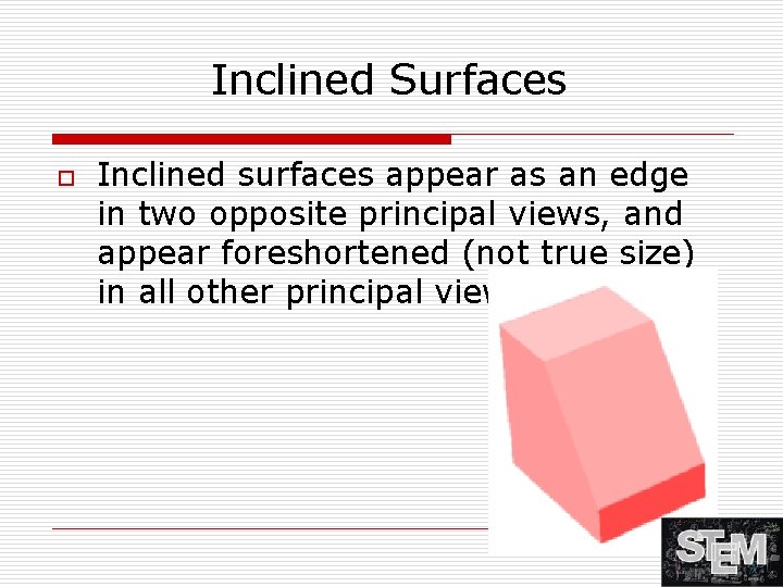 Inclined Surfaces o Inclined surfaces appear as an edge in two opposite principal views,