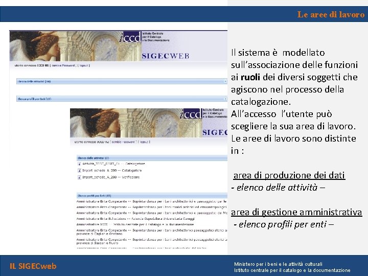 Le aree di lavoro Il sistema è modellato sull’associazione delle funzioni ai ruoli dei