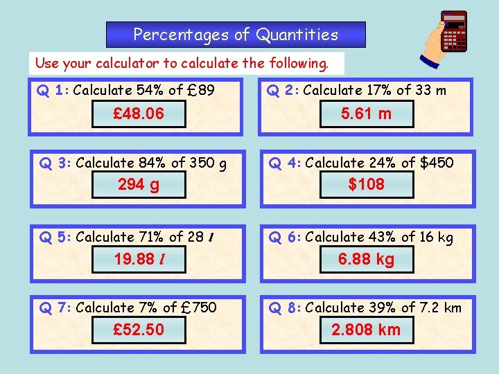 Percentages of Quantities Use your calculator to calculate the following. Q 1: Calculate 54%