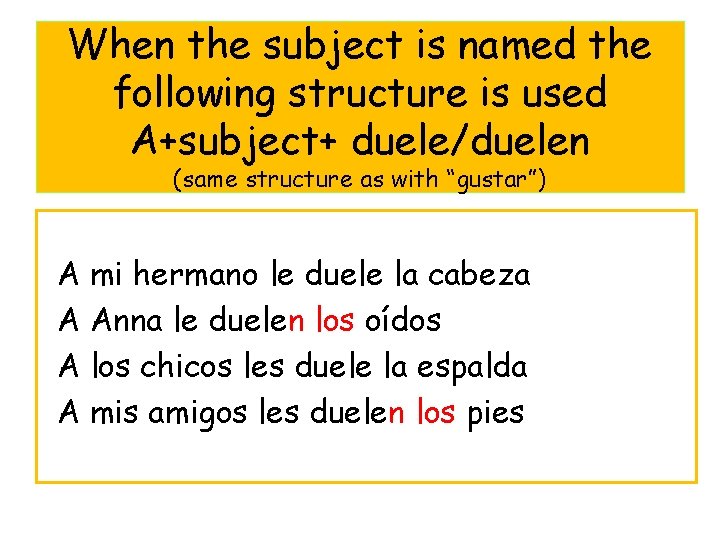 When the subject is named the following structure is used A+subject+ duele/duelen (same structure
