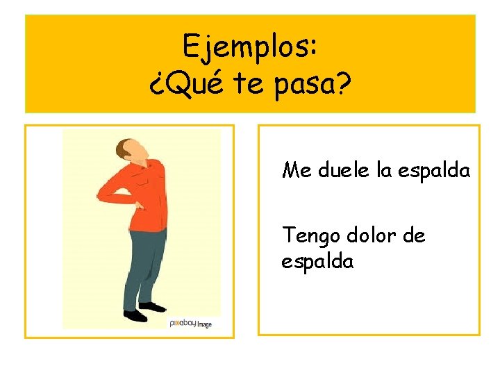 Ejemplos: ¿Qué te pasa? Me duele la espalda Tengo dolor de espalda 
