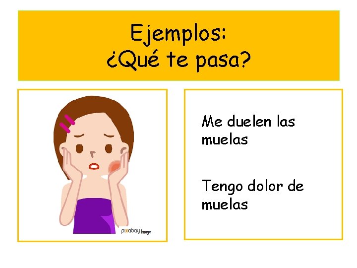 Ejemplos: ¿Qué te pasa? Me duelen las muelas Tengo dolor de muelas 