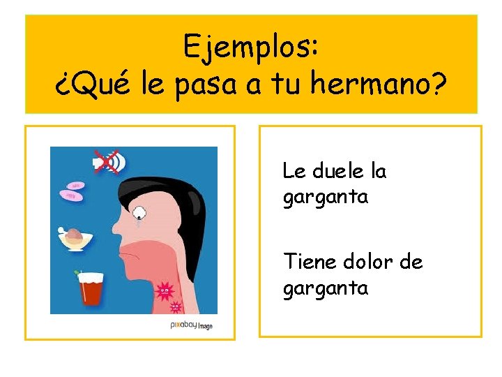 Ejemplos: ¿Qué le pasa a tu hermano? Le duele la garganta Tiene dolor de