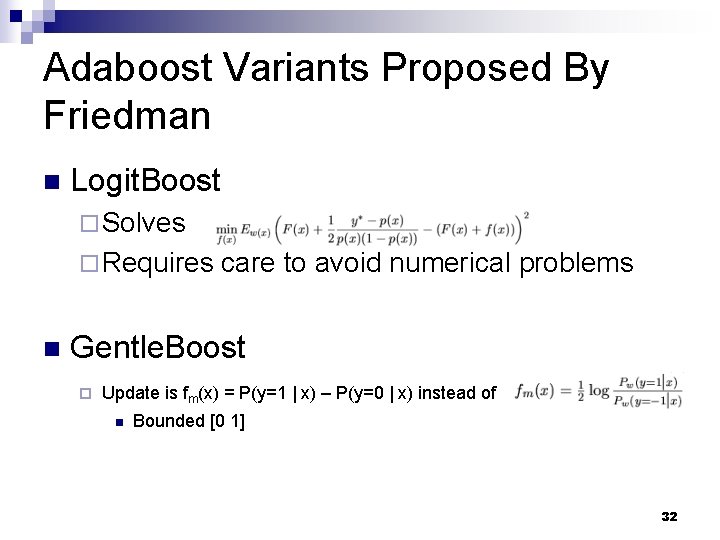 Adaboost Variants Proposed By Friedman n Logit. Boost ¨ Solves ¨ Requires n care Adaboost Variants Proposed By Friedman n Logit. Boost ¨ Solves ¨ Requires n care