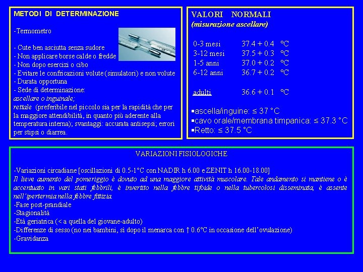 METODI DI DETERMINAZIONE VALORI NORMALI (misurazione ascellare) -Termometro - Cute ben asciutta senza sudore