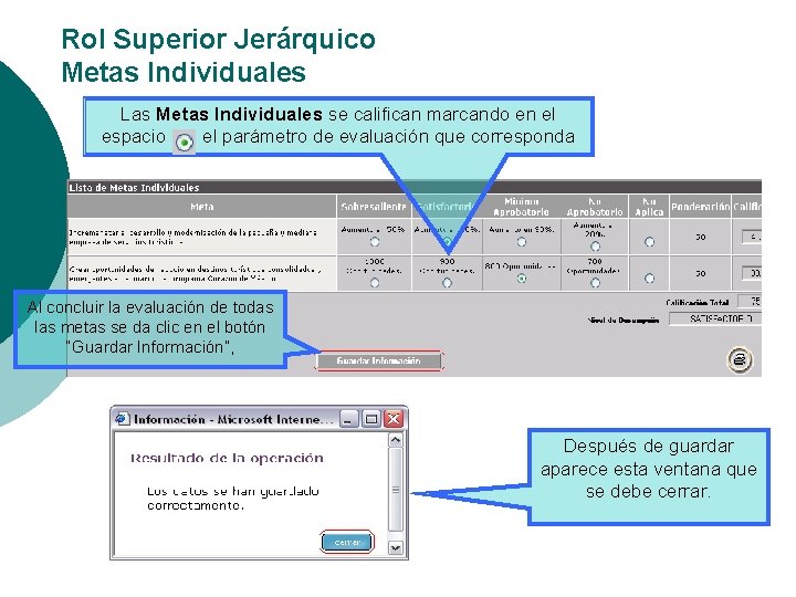 Rol Superior Jerárquico Metas Individuales Las Metas Individuales se califican marcando en el espacio