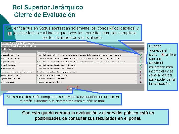 Rol Superior Jerárquico Cierre de Evaluación Se verifica que en Status aparezcan solamente los