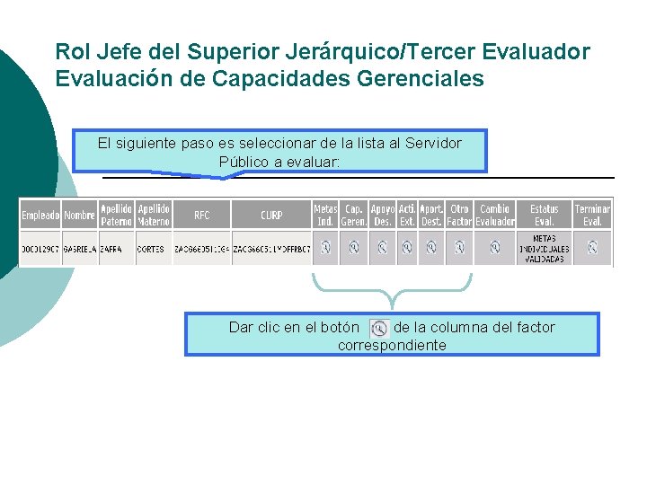 Rol Jefe del Superior Jerárquico/Tercer Evaluador Evaluación de Capacidades Gerenciales El siguiente paso es