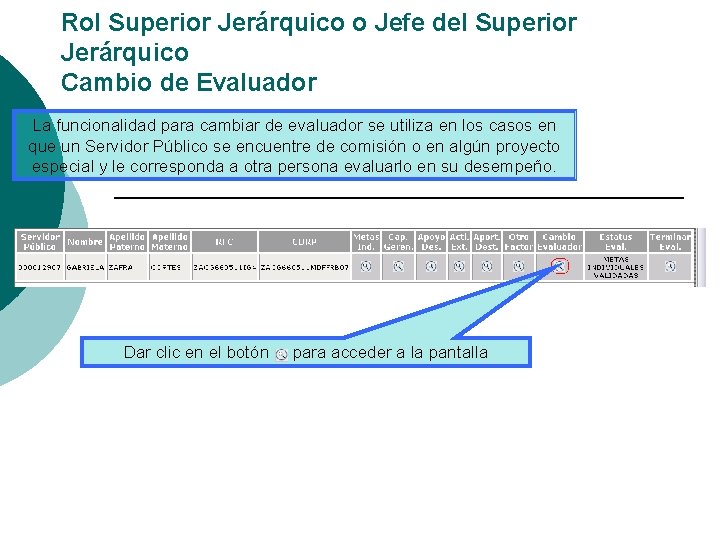 Rol Superior Jerárquico o Jefe del Superior Jerárquico Cambio de Evaluador La funcionalidad para