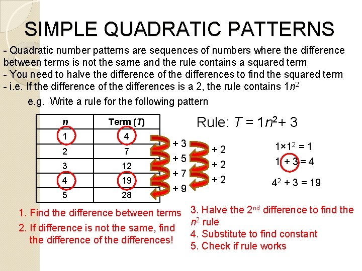 SIMPLE QUADRATIC PATTERNS - Quadratic number patterns are sequences of numbers where the difference SIMPLE QUADRATIC PATTERNS - Quadratic number patterns are sequences of numbers where the difference