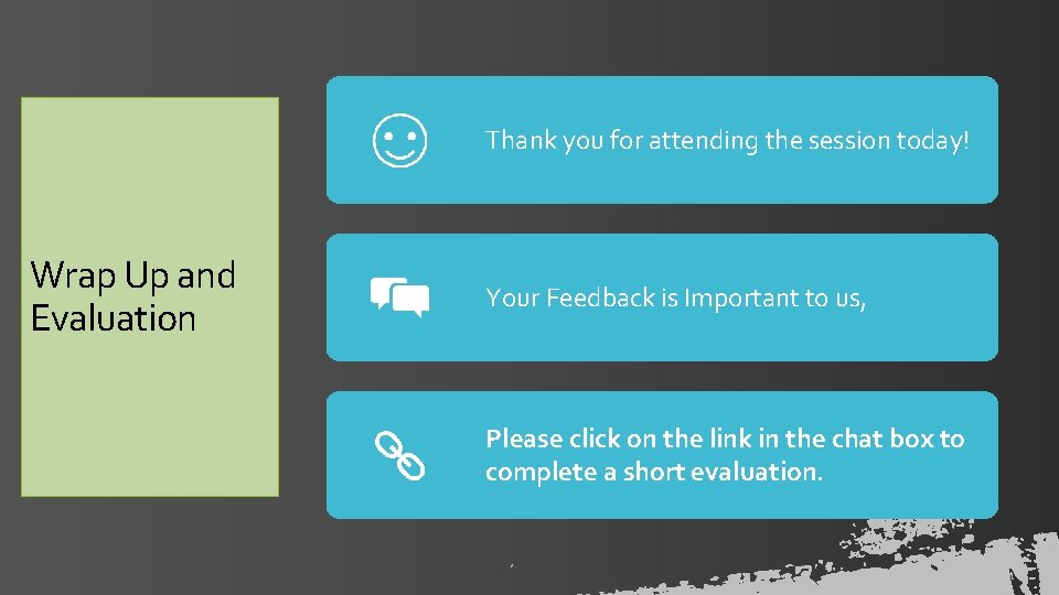 Thank you for attending the session today! Wrap Up and Evaluation Your Feedback is