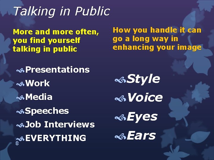 Talking in Public More and more often, you find yourself talking in public Presentations