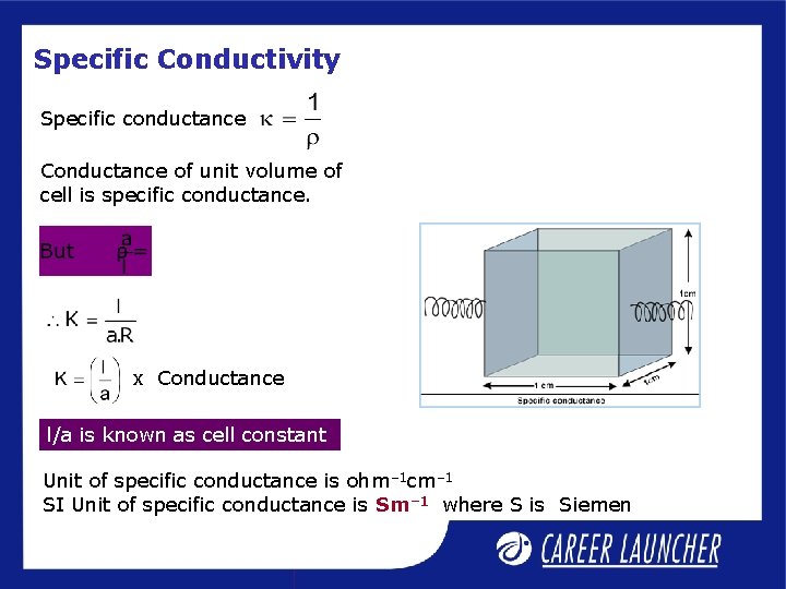 Specific Conductivity Specific conductance Conductance of unit volume of cell is specific conductance. x