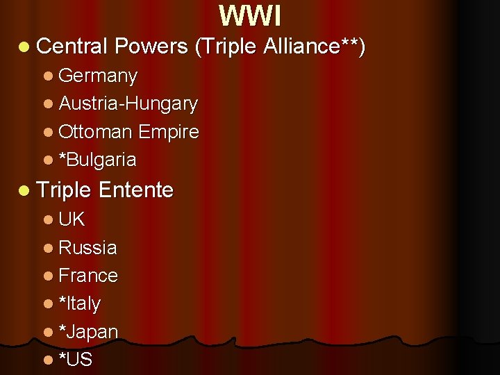 WWI l Central Powers (Triple Alliance**) l Germany l Austria-Hungary l Ottoman Empire l