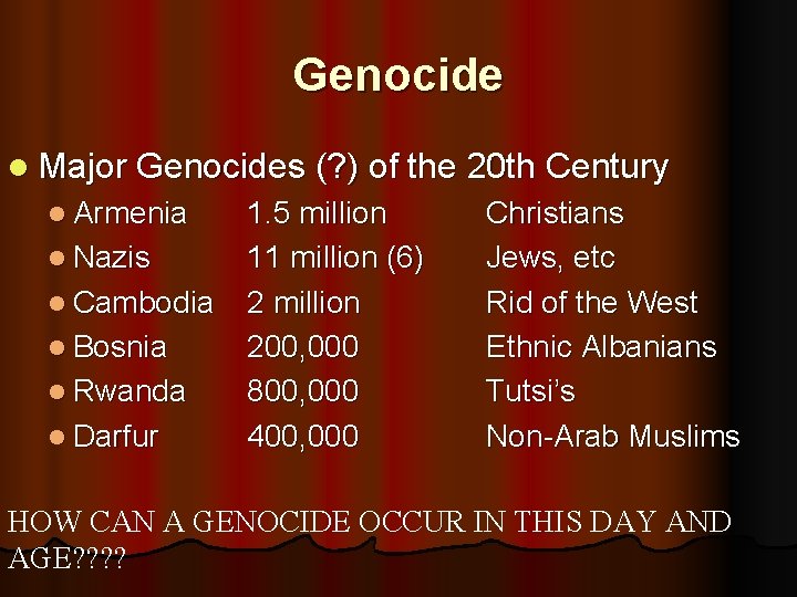 Genocide l Major Genocides (? ) of the 20 th Century l Armenia l