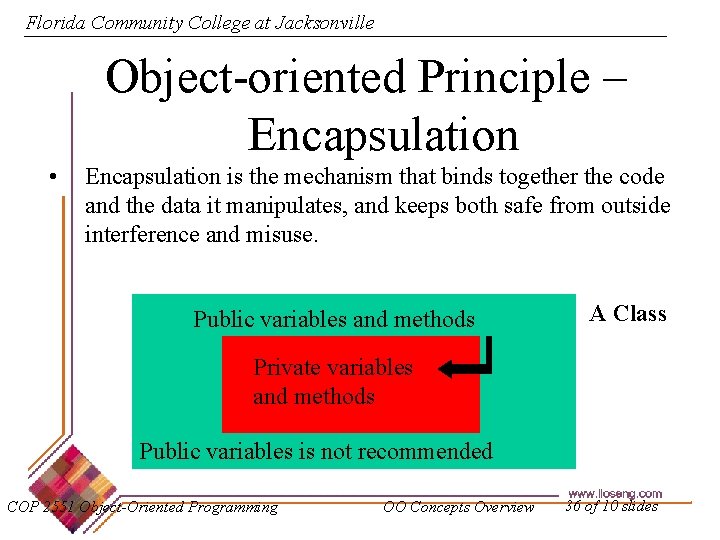 Florida Community College at Jacksonville Object-oriented Principle – Encapsulation • Encapsulation is the mechanism