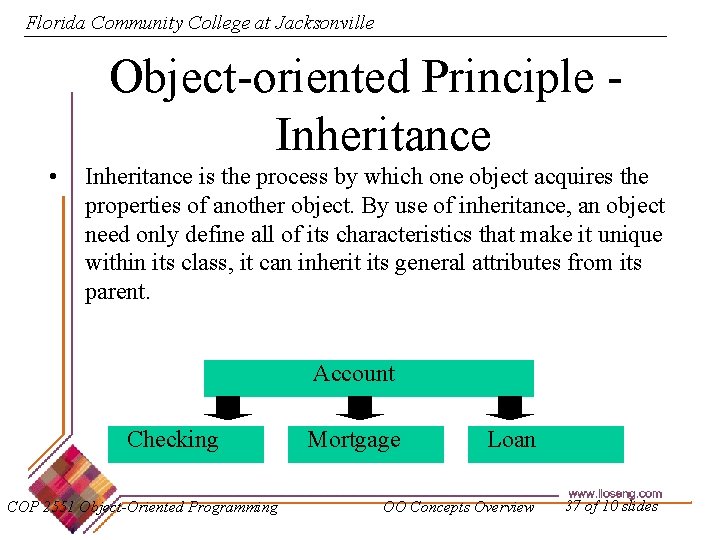 Florida Community College at Jacksonville Object-oriented Principle Inheritance • Inheritance is the process by