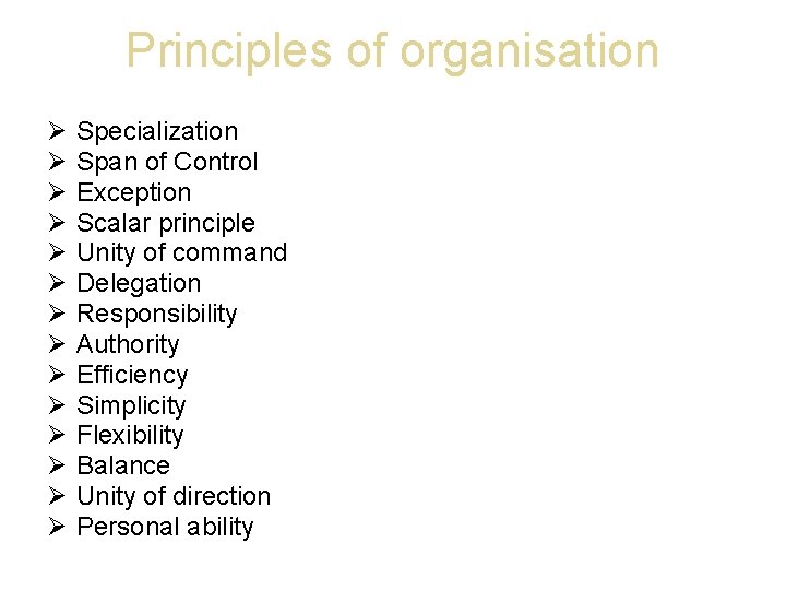 Principles of organisation Objectives Specialization Span of Control Exception Scalar principle Unity of command