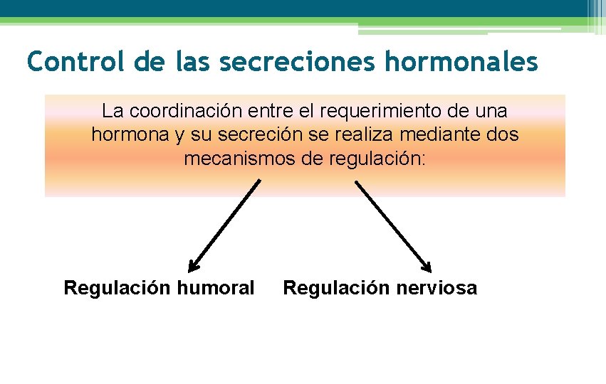 Control de las secreciones hormonales La coordinación entre el requerimiento de una hormona y