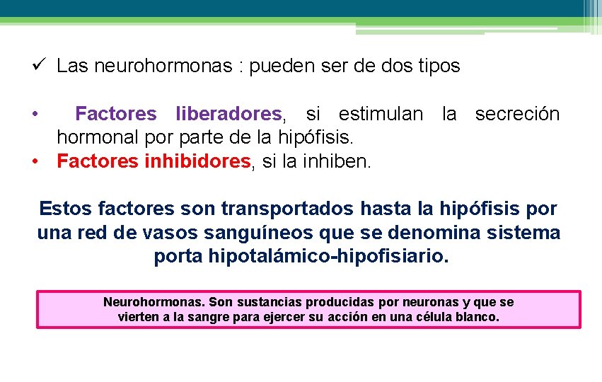 ü Las neurohormonas : pueden ser de dos tipos • Factores liberadores, si estimulan