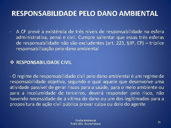 RESPONSABILIDADE PELO DANO AMBIENTAL - A CF prevê a existência de três níveis de