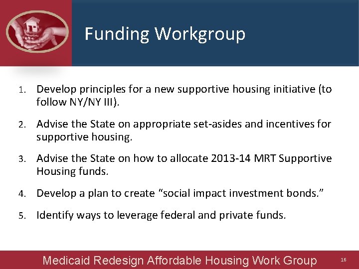 Funding Workgroup 1. Develop principles for a new supportive housing initiative (to follow NY/NY