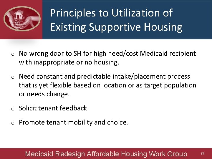 Principles to Utilization of Existing Supportive Housing o No wrong door to SH for