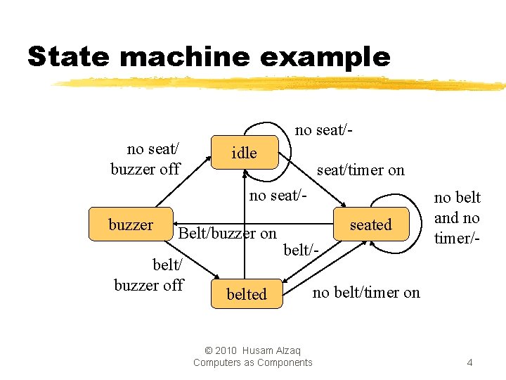 State machine example no seat/ buzzer off idle seat/timer on no seat/buzzer Belt/buzzer on