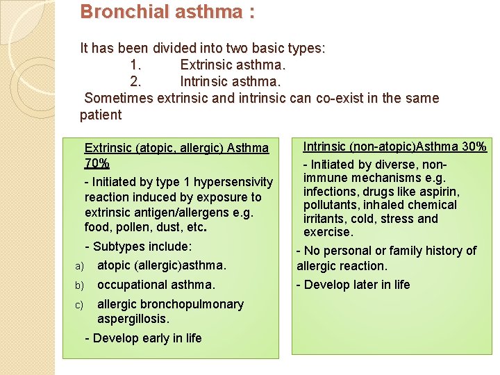 Bronchial asthma : It has been divided into two basic types: 1. Extrinsic asthma.