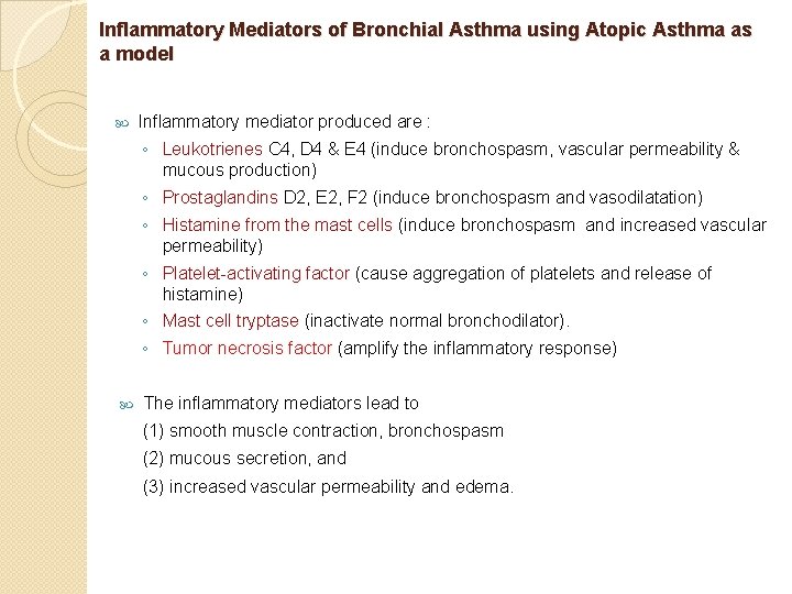 Inflammatory Mediators of Bronchial Asthma using Atopic Asthma as a model Inflammatory mediator produced