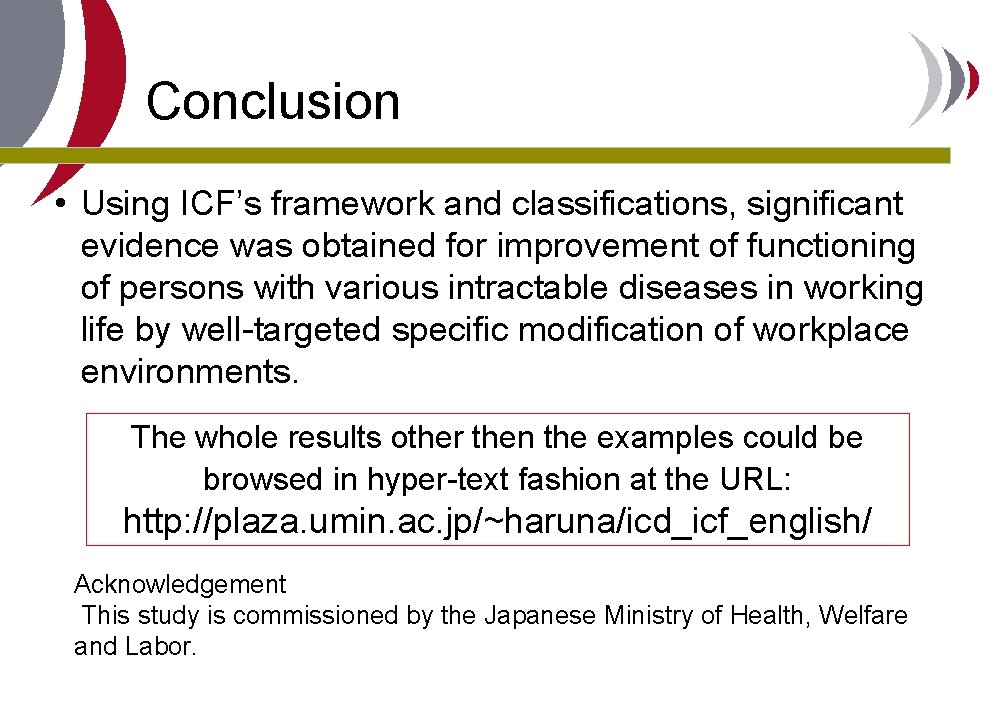Conclusion • Using ICF’s framework and classifications, significant evidence was obtained for improvement of