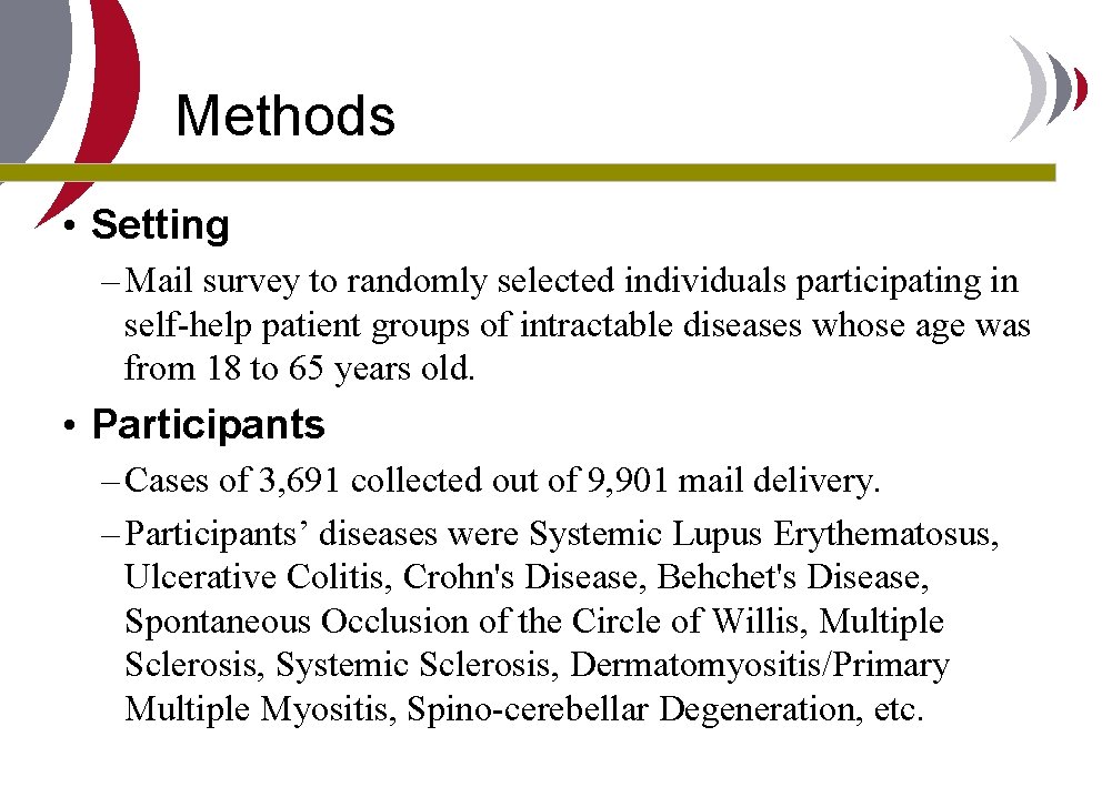 Methods • Setting – Mail survey to randomly selected individuals participating in self-help patient