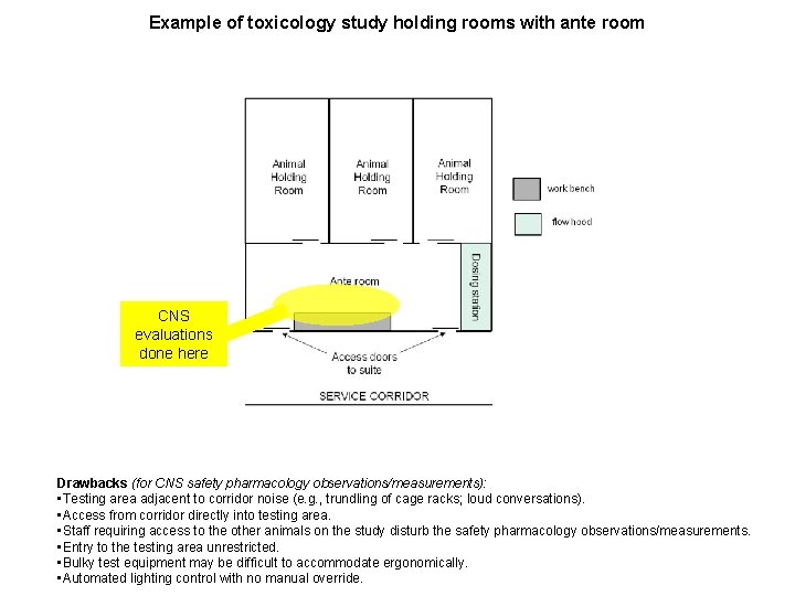 Example of toxicology study holding rooms with ante room CNS evaluations done here Drawbacks