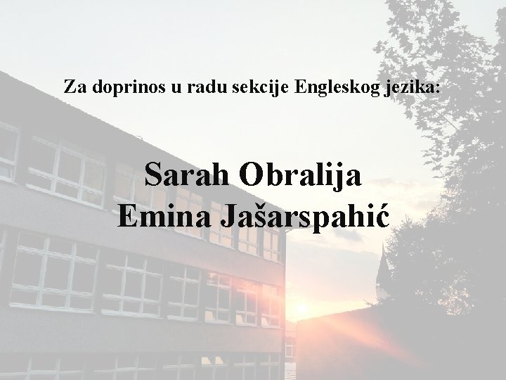 Za doprinos u radu sekcije Engleskog jezika: Sarah Obralija Emina Jašarspahić 