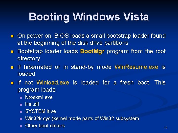 Booting Windows Vista n n On power on, BIOS loads a small bootstrap loader