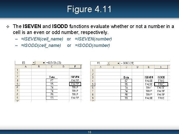 Figure 4. 11 v The ISEVEN and ISODD functions evaluate whether or not a