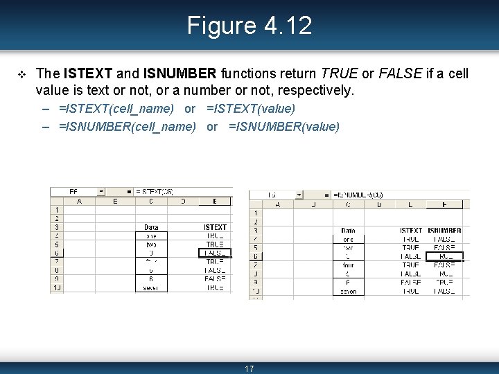 Figure 4. 12 v The ISTEXT and ISNUMBER functions return TRUE or FALSE if
