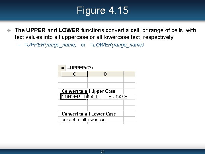 Figure 4. 15 v The UPPER and LOWER functions convert a cell, or range