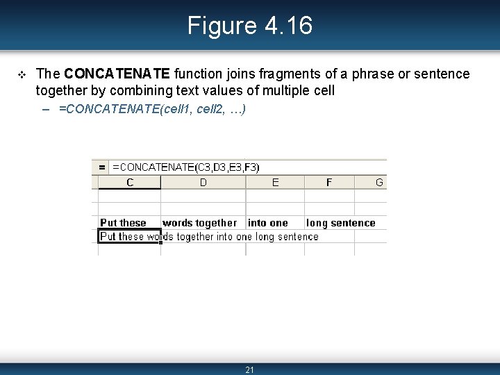 Figure 4. 16 v The CONCATENATE function joins fragments of a phrase or sentence