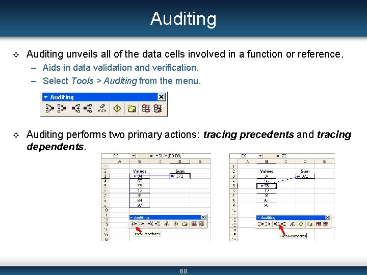 Auditing v Auditing unveils all of the data cells involved in a function or