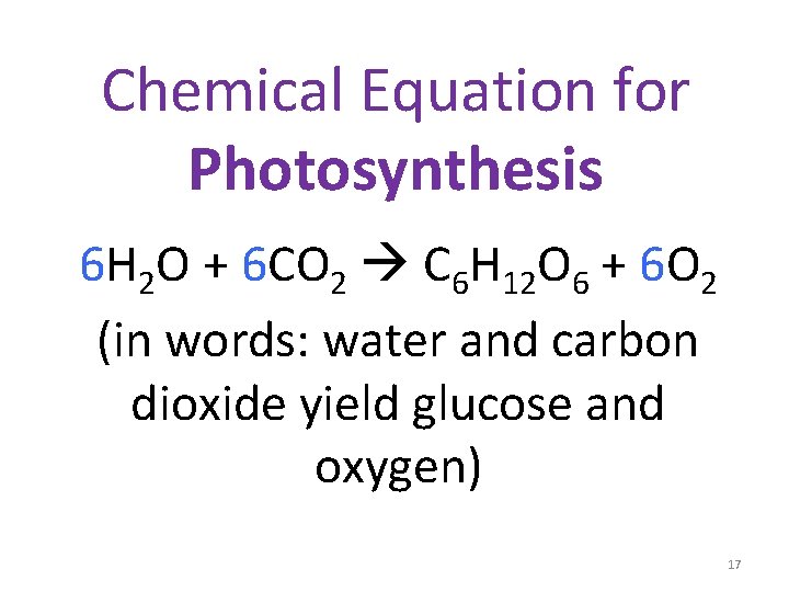 Chemical Equation for Photosynthesis 6 H 2 O + 6 CO 2 C 6