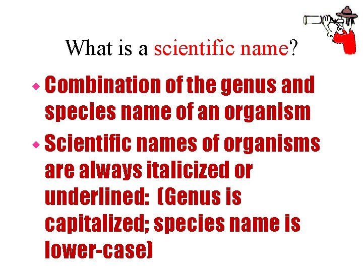 What is a scientific name? w Combination of the genus and species name of