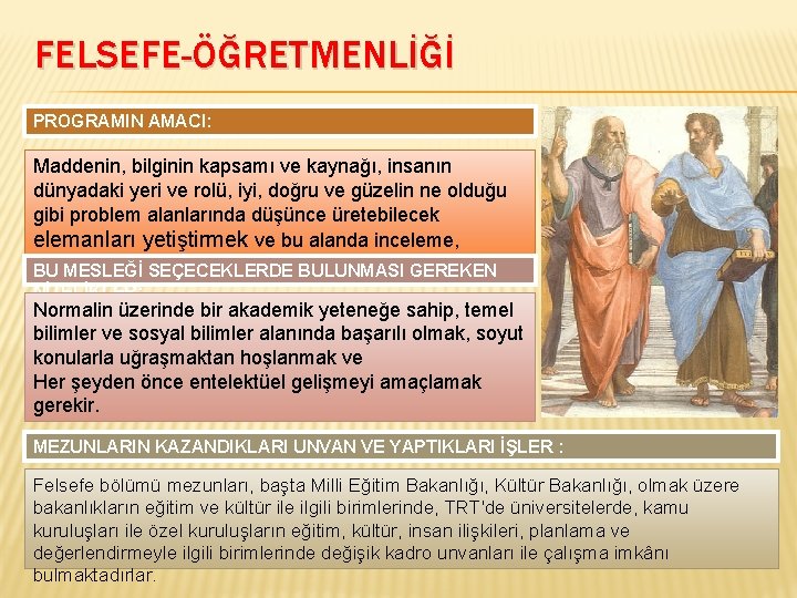 FELSEFE-ÖĞRETMENLİĞİ PROGRAMIN AMACI: Maddenin, bilginin kapsamı ve kaynağı, insanın dünyadaki yeri ve rolü, iyi,