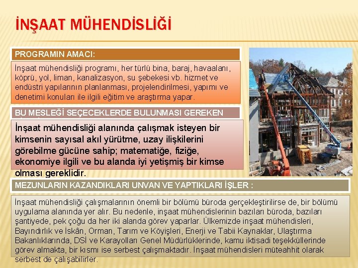 İNŞAAT MÜHENDİSLİĞİ PROGRAMIN AMACI: İnşaat mühendisliği programı, her türlü bina, baraj, havaalanı, köprü, yol,