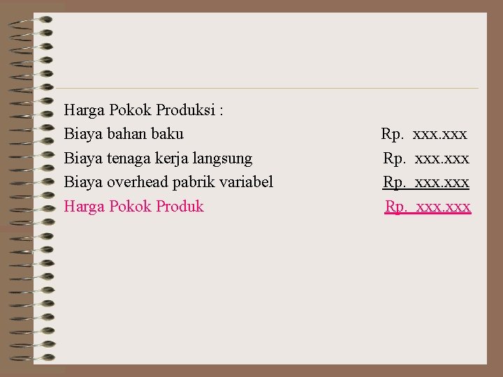 Harga Pokok Produksi : Biaya bahan baku Biaya tenaga kerja langsung Biaya overhead pabrik