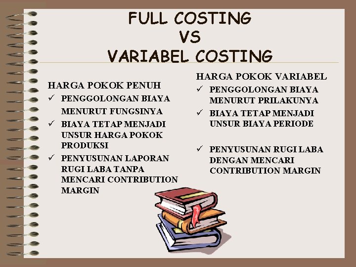 FULL COSTING VS VARIABEL COSTING HARGA POKOK PENUH ü PENGGOLONGAN BIAYA MENURUT FUNGSINYA ü